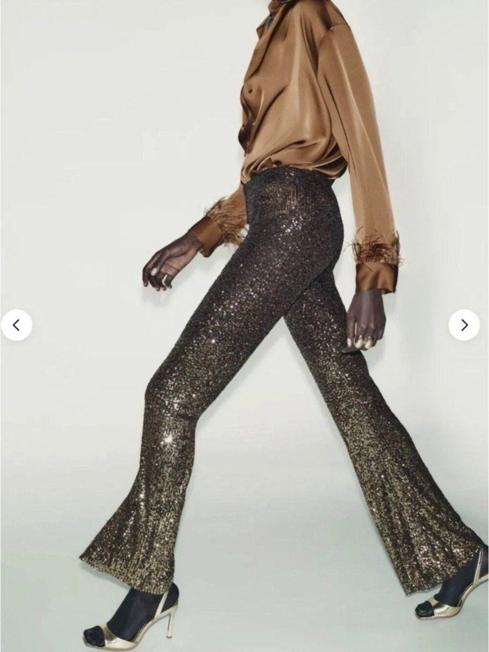 Zara Womens Pants XS Gold brown Sequin Flare Fit High Rise Trousers 9860/360 NWT